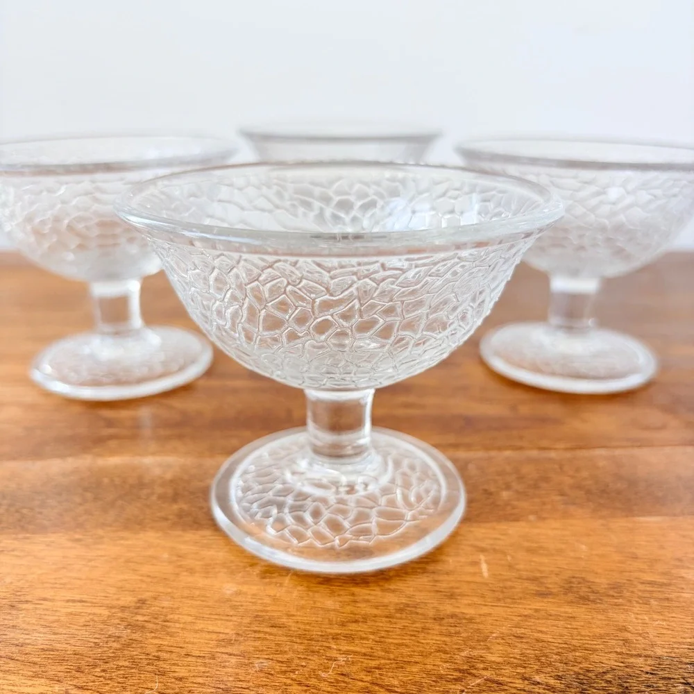 Vintage Clear Crackle Glass Dessert Bowls Set of 4 Stemmed Ice Cream Cups 4in